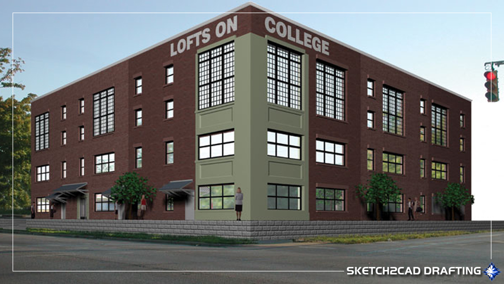 3D rendering of the proposed Lofts on College apartments located in Bloomington, Indiana