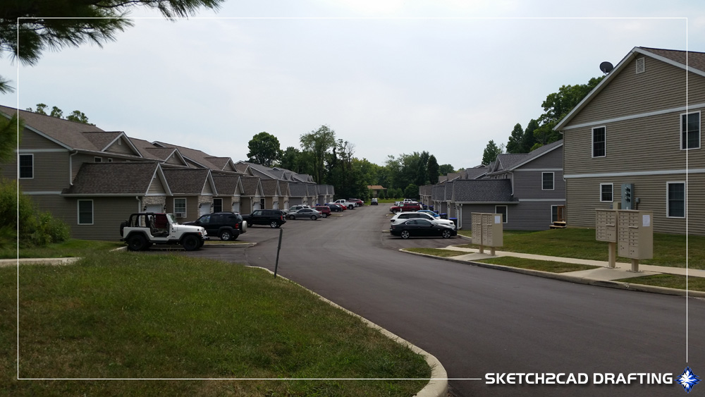 Road of the Stoneview Townhomes project located in Ellettsville, Indiana