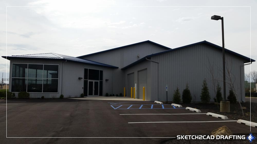 Photograph from the north of the completed building addition for Etc. For the Home Warehouse project located in Bloomington, Indiana