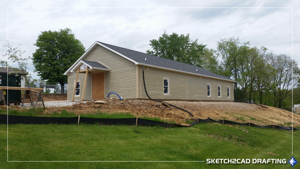 Temporary porch roof support during construction on the Richland Township Trustee office in Ellettsville, Indiana
