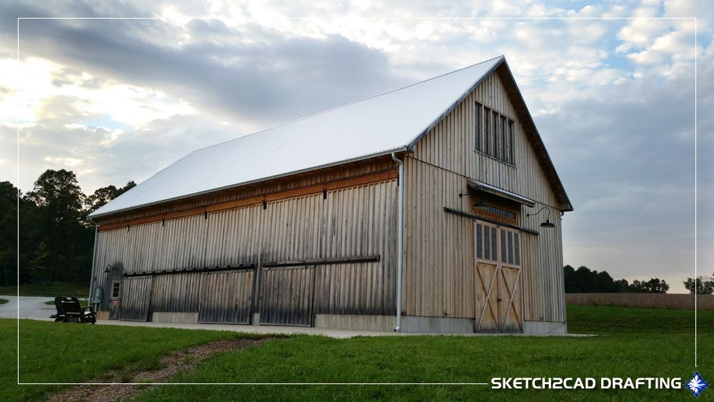Completed barn structure at the Whippoorwill Hill wedding event barn project located in Bloomington, Indiana