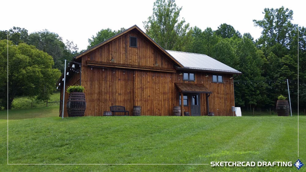 Photograph of the barn exterior at the Martin's Barn at Knob Creek wedding event venue project located in Bedford, Indiana