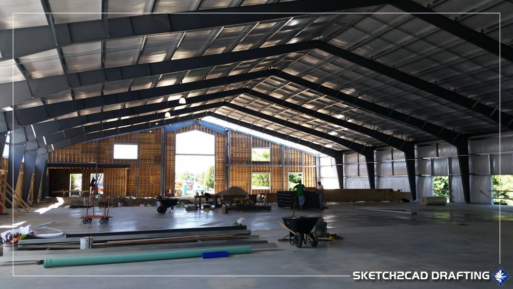 Interior photograph of the pre-engineered metal building structure for the City Church for All Nations project located in Bloomington, Indiana