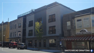 Completed building photograph of the Alley Works apartment project located in Bloomington, Indiana