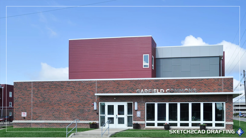 Completed building entrance at the Garfield Commons project located in Evansville, Indiana