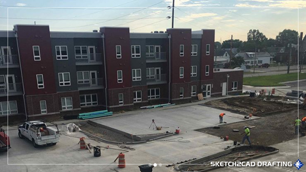 Parking lot under construction at the Garvin Lofts Apartments project located in Evansville, Indiana