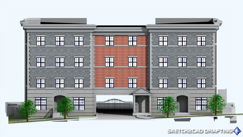 3D rendering of the front exterior at The 7Ten Apartments located in Bloomington, Indiana