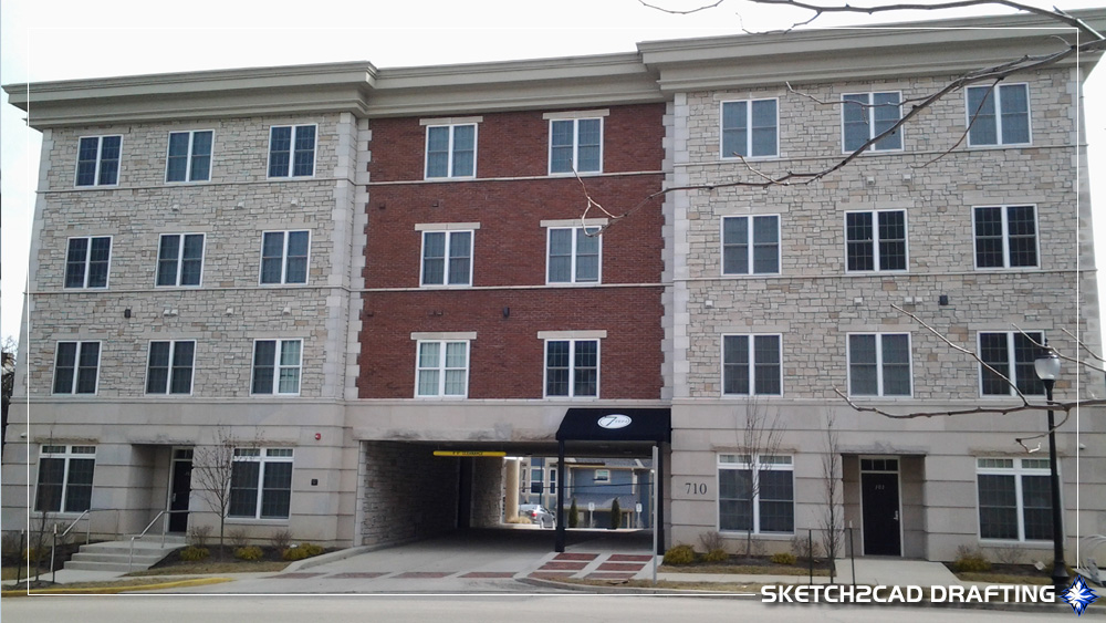 Completed building front facade of The 7Ten Apartments located in Bloomington, Indiana