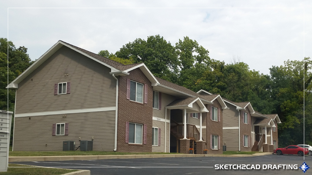 Perspective of the buildings at the Capitol Avenue Apartments complex located in Ellettsville, Indiana
