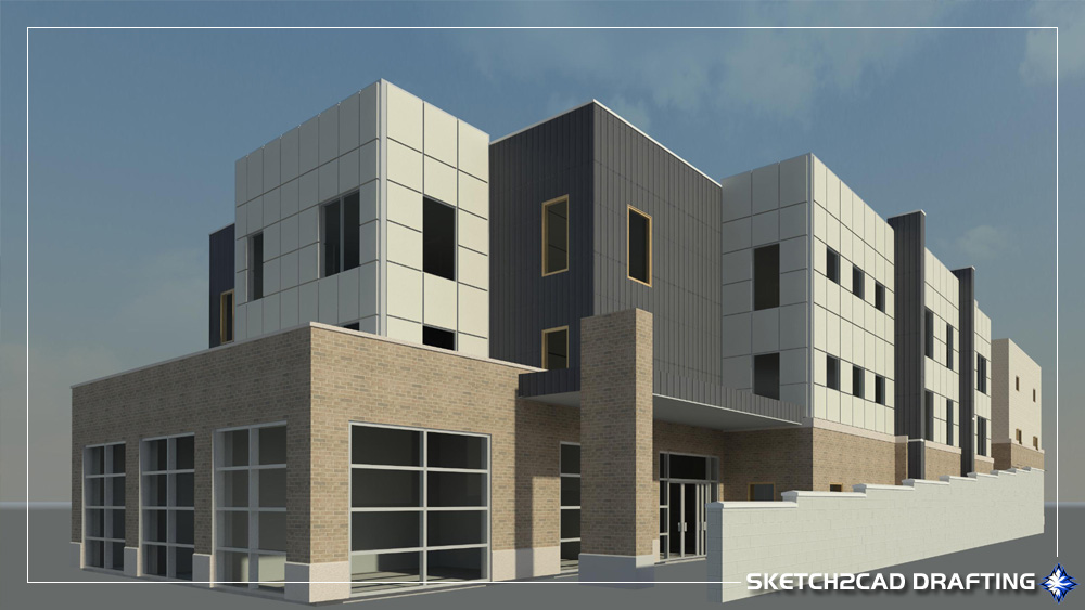 Revit conceptual model of The Crawford Apartments located in Bloomington, Indiana