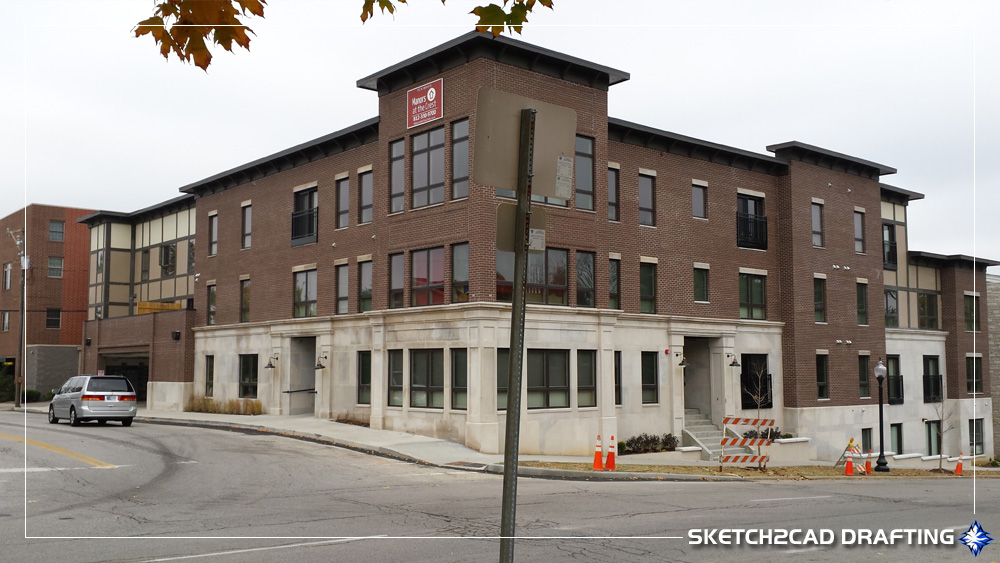 Completed front facade of the Manors at the Crest apartments located in Bloomington, Indiana