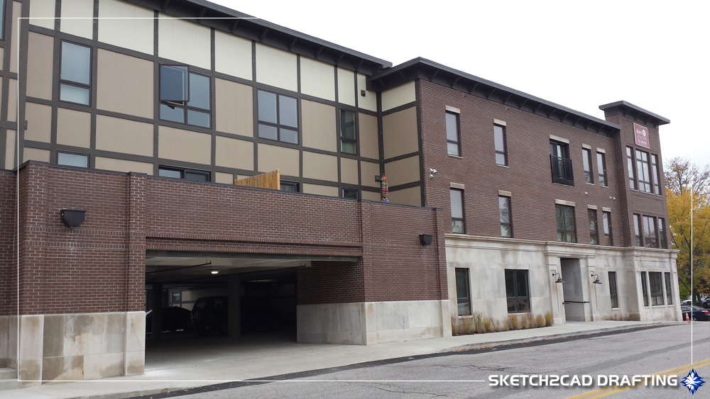 Completed parking garage entrance of the Manors at the Crest apartments located in Bloomington, Indiana