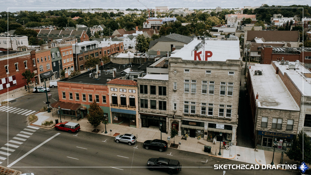 east_courthouse_square01 east side of the square in Bloomington Indiana showing commercial buildings sidewalks and streetscapes