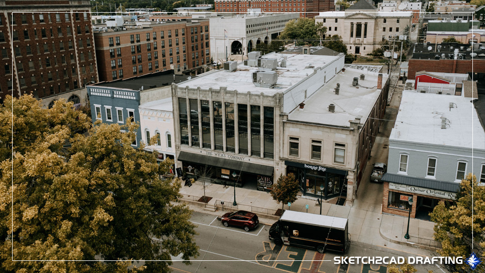 north_courthouse_square01 north side of the square in Bloomington Indiana showing commercial buildings sidewalks and streetscapes