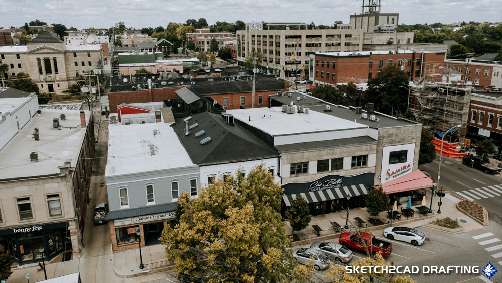 north_courthouse_square03 north side of the square in Bloomington Indiana showing commercial buildings sidewalks and streetscapes