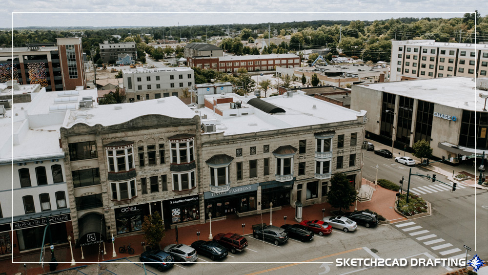 south_courthouse_square03 south side of the square in Bloomington Indiana showing commercial buildings sidewalks and streetscapes